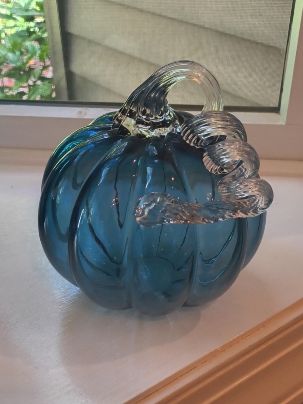 Handblown Glass 5 3/4" Tall Pumpkin Sculpture Blue with Clear Stem
